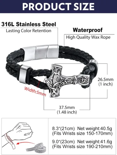 Miniatura 8 de Bandmax Pulsera trenzada de cuero negro para hombre con colgante gótico punk, pulsera de cuero con hebilla de acero inoxidable, paquete de regalo