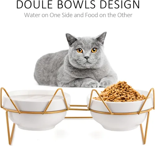 Miniatura 4 de Trosetry Cuencos para gatos, cuencos dobles de cerámica para mascotas con soporte elevado inclinado 15° para alimentos y agua, comedero antivómito