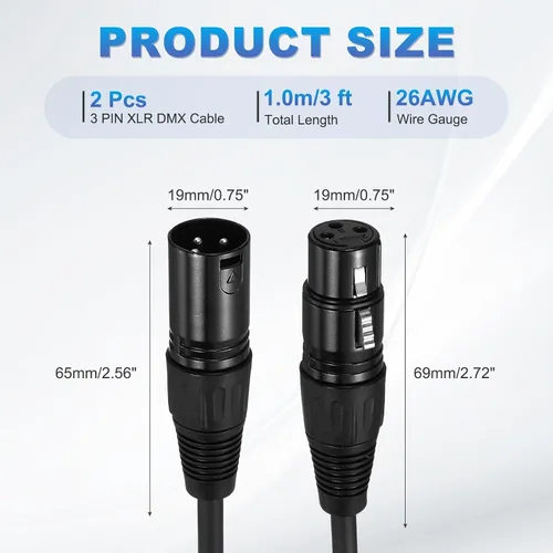 Miniatura 2 de MECCANIXITY Cable de micrófono XLR macho a hembra de 1 pie y 3 pines, adaptador XLR macho a hembra, cable de micrófono para estudio de escenario, 2