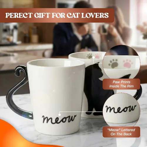 Miniatura 6 de VOTUM Taza de cerámica negra con gato blanco para café o té - Taza con forma de animal con diseños impresos a mano - Bonito regalo hecho a mano