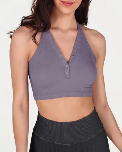 Miniatura 3 de ODODOS Paquete de 2 camisetas cortas sin costuras Henley para mujer, con espalda abierta, acanalada, con botones