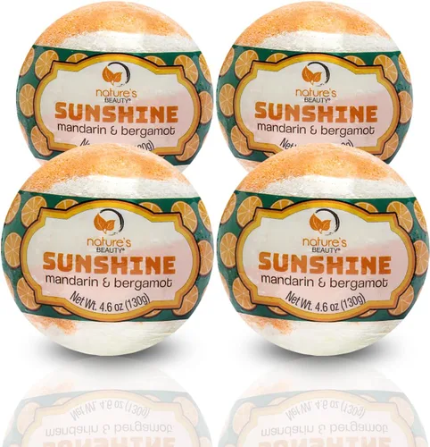 Nature's Beauty Sunshine - Bomba de baño con mandarina y bergamota, natural hecha a mano, no mancha, bomba de spa gaseosa de lujo, nutre la piel