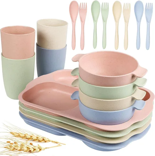 Miniatura 9 de shopwithgreen Juego de cubiertos de paja de trigo, 20 piezas de platos y cuencos divididos para niños pequeños, vajilla irrompible para microondas