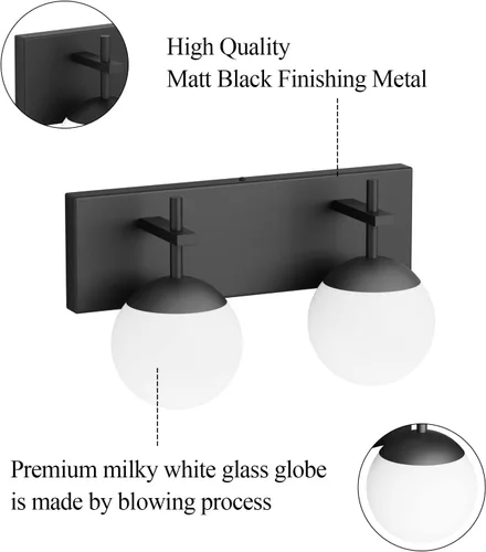 Miniatura 5 de Ralbay Lámpara de pared de baño negra mate, 2 luces, iluminación moderna de mediados de siglo, luz de tocador de globo de vidrio lechoso negro