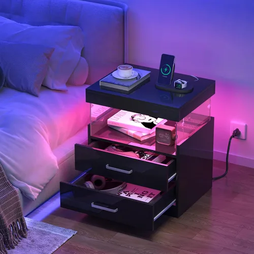Miniatura 7 de WelFurGeer Mesita de noche de alto brillo, mesita de noche LED negra con estación de carga, mesita de noche con cajones, mesitas de noche modernas