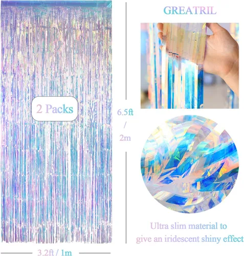 Miniatura 5 de GREATRIL Cortinas de flecos de papel de aluminio iridiscente, 2 paquetes y manteles de fiesta rosa, 2 paquetes para decoración de fondo de fiesta