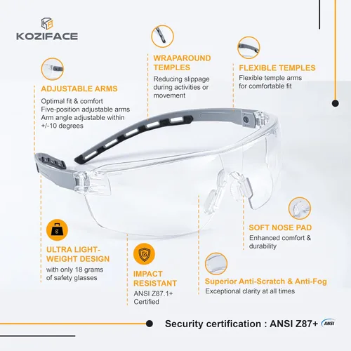 Miniatura 2 de KOZIFACE A18 - Lentes de seguridad para hombres y mujeres, ligeros, color gris y negro, marco ajustable flexible, elegante, protección antivaho