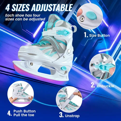 Miniatura 3 de Patines de hielo ajustables para niños, niñas y niños, 4 tamaños ajustables para principiantes, patines de hockey sobre hielo para jóvenes y Azul