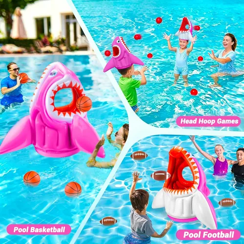 Miniatura 4 de Juguetes de piscina de tiburón, flotadores inflables 3 en 1 para baloncesto, fútbol y aro, juegos de agua, playa, actividades al aire libre