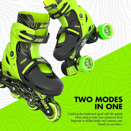 Miniatura 3 de Yvolution Patines combinados de neón, patines 2-1 cuádruple y en línea para niños con ruedas LED, tamaño ajustable (verde, 12-2)