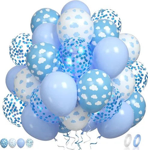 Paready Globos de nube, 60 globos de fiesta de nubes azules y blancas con estampado de nubes, globos de látex azul bebé, globo de confeti azul para