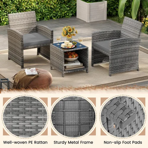 Miniatura 3 de KOTEK Juego de muebles de patio de 3 piezas, sillas de patio de mimbre para exteriores con cojines y mesa de almacenamiento, juego de bistró