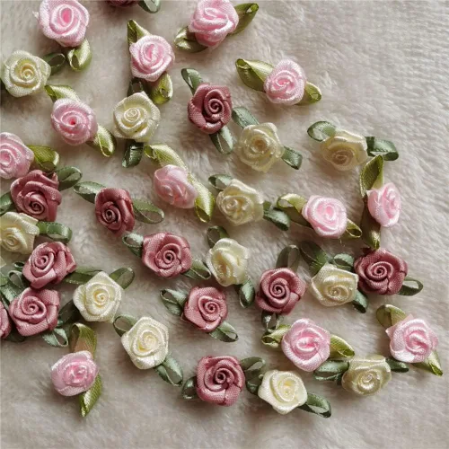 Miniatura 7 de 100 unids/lote de mini rosas hechas a mano con cinta de raso artificial para decoración de bodas, accesorios de costura (albaricoque)