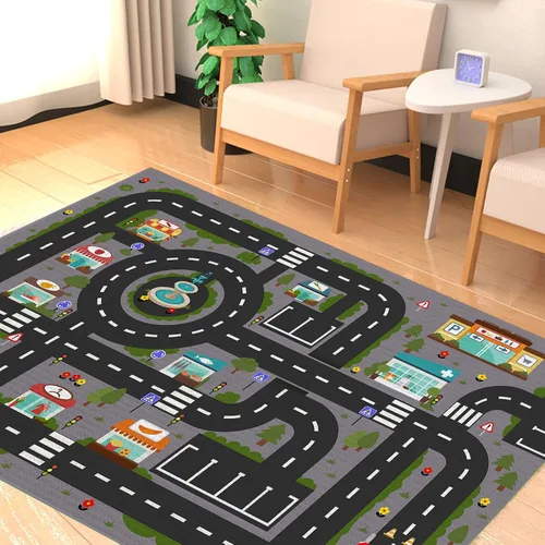 Miniatura 4 de Alfombra análoga ABC para niños, sala de juegos, alfombra de juego de coche, alfombra de carretera para autos, divertido mapa de ciudad
