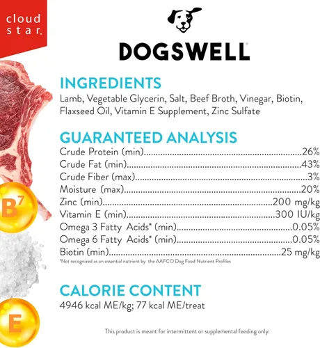 Miniatura 3 de Dogswell Skin & Coat - Golosinas de carne seca para perros, cordero, bolsa de 10 onzas