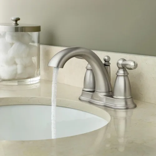 Miniatura 5 de Moen Brantford de níquel cepillado - Grifo de baño de arco bajo con dos manijas, montaje tradicional de centro con desagüe, 6610BN