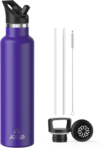 Miniatura 22 de Botellas de agua de doble pared de acero inoxidable, botella aislada al vacío con tapa con popote, botella de agua aislada mantiene el agua fría