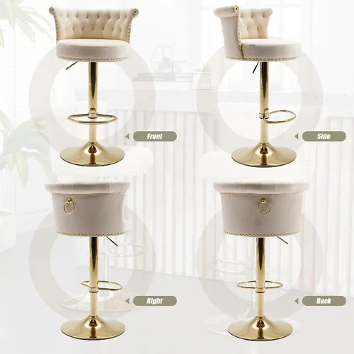 Miniatura 8 de Juego de 2 taburetes de bar giratorios de terciopelo de 360°, butacas ajustables para barra de cocina con respaldo de clavos, base dorada