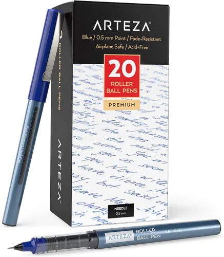 ARTEZA Plumas de rodillo de punta fina, juego de 20 bolígrafos de tinta líquida azul, punta de aguja extrafina de 0.5 mm (0.020 in), para hacer