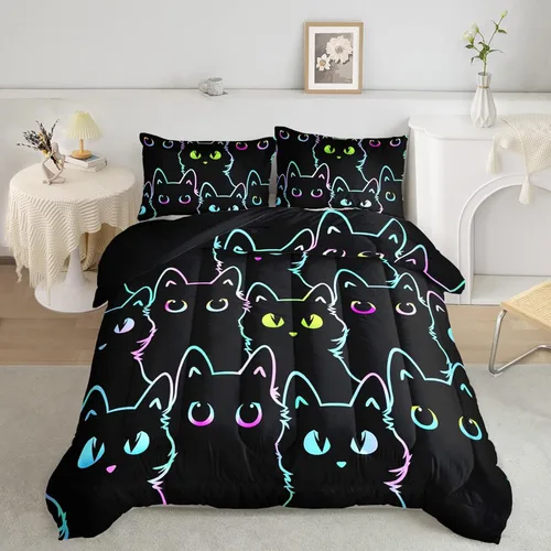 Axolotl - Juego de ropa de cama para niños con diseño de gatos de dibujos animados tamaño individual, juego de edredón con líneas degradadas y lindo