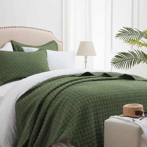 SunStyle Home Colchas Tamaño Queen Verde Oliva, Cubrecamas Edredón Ligero, Juego de Ropa de Cama Tamaño Full Queen, Colcha Coverlet con Costuras 01