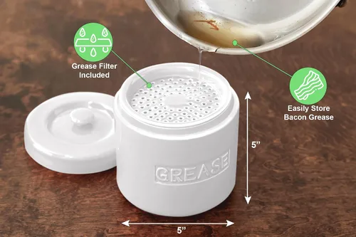 Miniatura 2 de Fox Run Recipiente de grasa de tocino de porcelana con colador, contenedor de grasa blanco para cocina, 5 x 5 x 5.5 pulgadas