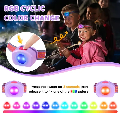 Miniatura 3 de EverBrite Linterna frontal LED recargable para niños con modo RGB y diadema ajustable, linterna frontal multicolor de 3 modos para acampar, leer
