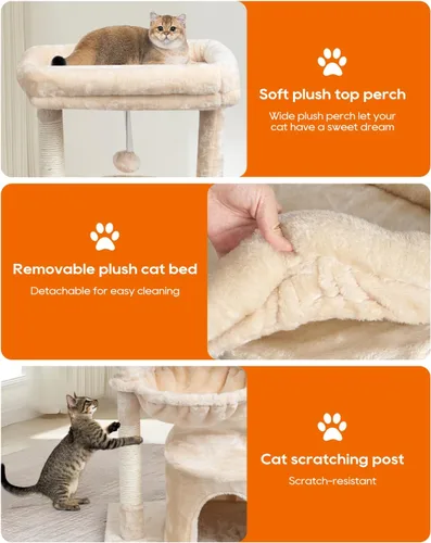 Miniatura 4 de SYANDLVY Árbol pequeño para gatos de interior, condominio para gatitos con poste rascador y tabla, torre de actividades moderna con cuna, beige
