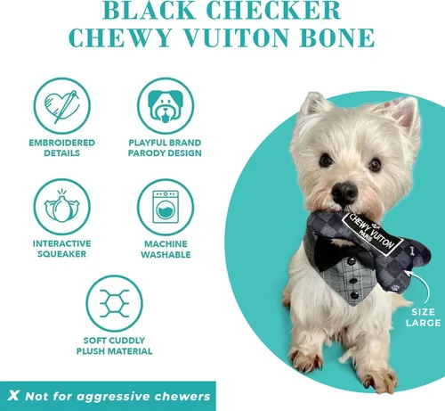 Miniatura 4 de Haute Diggity Dog Black Checker Chewy Vuiton Bone, Juguetes de Peluche de Diseñador para Perros con Chirriador Interactivo, Estimulante Hueso