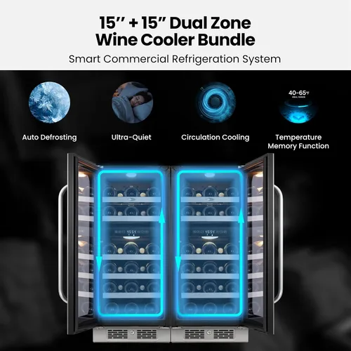 Miniatura 3 de Refrigerador de vino de 15 pulgadas, 29 botellas, refrigerador de vino de doble zona debajo del mostrador con puerta de vidrio, 3 LED integrados