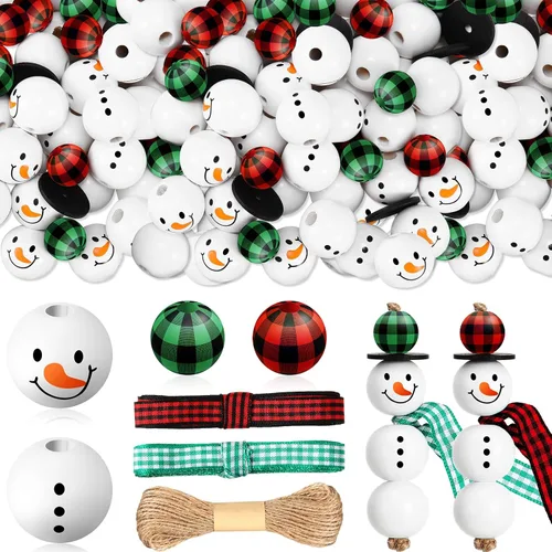 Miniatura 7 de 180 cuentas de madera de muñeco de nieve de Navidad, cuentas de madera de invierno, cuentas redondas de madera de búfalo de Navidad, cuentas