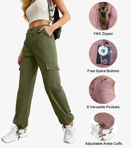 Miniatura 2 de Lepunuo Pantalones cargo de cintura alta para mujer, pantalones de viaje Y2K Streetwear holgados elásticos con 6 bolsillos con cordón en los tobillos