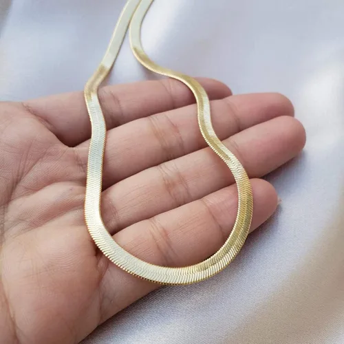 Miniatura 6 de Collar de espiga para mujer, chapado en oro de 14 quilates, cadena de serpiente plana de 0.157 in, gargantilla de cadena de hueso de serpiente