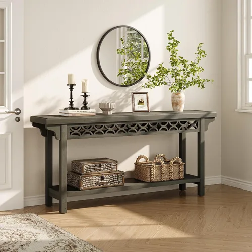 Miniatura 4 de LITTLE TREE Consola de 70.87 pulgadas de largo, mesa de entrada estrecha de madera maciza con estante, mesa de sofá rústica para sala de estar, Negro