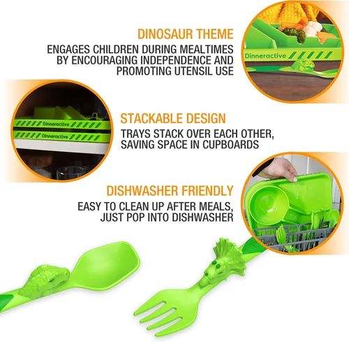 Miniatura 4 de Juego de vajilla Dinneractive para niños - 3 piezas de vajilla verde de dinosaurios - Utensilios de dinosaurios - Platos para niños pequeños
