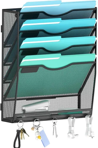 Miniatura 17 de Gawerk Organizador de archivos colgante de 6 niveles, soporte de malla para archivos de pared, estante para carpetas de papel con bandeja plana Negro