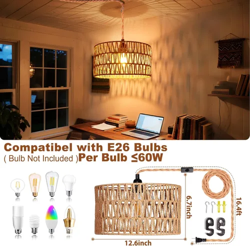 Miniatura 2 de Lámparas Colgantes de Ratán Luz Colgante Luces Colgantes Cable de 16.4 pies con Enchufe Lámpara Colgante que se Enchufa a Toma de Pared Iluminación