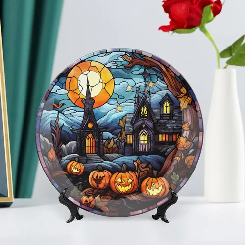 Miniatura 6 de Platos decorativos de Halloween, diseño de casa embrujada, escena nocturna, vitral, placa de cena de cerámica para el hogar con soporte de Escena