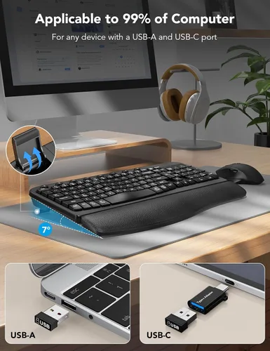 Miniatura 4 de Combo de teclado y mouse inalámbricos – Tecla de onda ergonómica, reposa muñecas de cuero suave incorporado, 2.4G de tamaño completo, 8 teclas