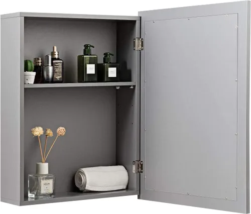 Miniatura 9 de Tangkula Armario de baño con espejo, gabinete de almacenamiento de montaje en pared con puertas individuales, botiquín colgante para baño (gris)