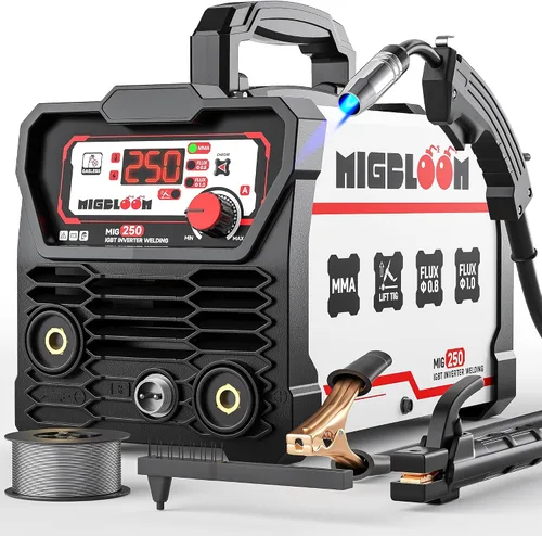 250A Soldador Mig, Soldador 110V FLUX MIG/ARC/Lift TIG sin gas, Soldador Mig 3 en 1 con sinergia e inversor IGBT, Soldador de núcleo de flujo con