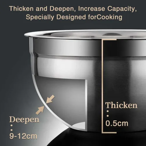 Miniatura 4 de Juego de 5 tazones de acero inoxidable, utensilios para cocina, multifuncionales, apilables, aptos para lavavajillas, 3.75 L, 3.25 L, 2.5 L, 2 L