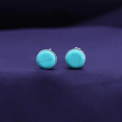 Miniatura 2 de AFFY Juego de bisel de botón de cúpula turquesa para mujer en oro de 14 quilates sobre plata de ley 925, aretes redondos de turquesa para mujeres