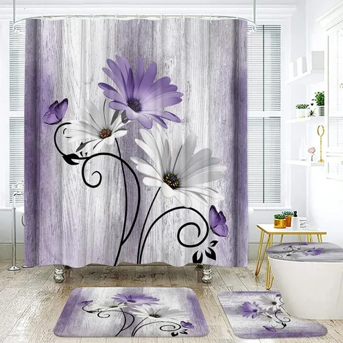 Miniatura 13 de Onalasyc Juego de 4 Piezas de Cortinas de Ducha con Flores de Margaritas Azules y Plantas, Cortina de Ducha y Alfombra y Accesorios, Juego