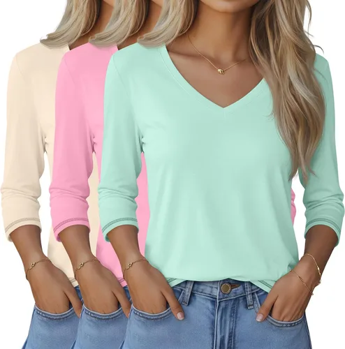 Miniatura 31 de Ficerd Paquete de 3 camisetas de manga 3/4 para mujer, cuello en V, blusas holgadas, blusas casuales, ropa de moda 2026