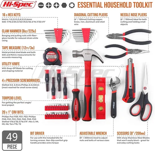 Miniatura 2 de Hi-Spec Juego completo de herramientas para el hogar de 49 piezas en una caja de herramientas portátil. Herramientas esenciales de reparación