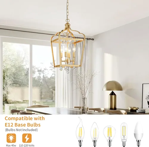 Miniatura 4 de Gold Crystal Chandelier, 4-Light Modern Chandeliers for Dining Room Light Fixture Over Table Adjustable Height Hanging Farmhouse Pendant Light for