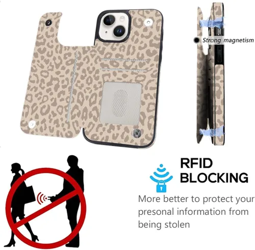 Miniatura 4 de Funda compatible con iPhone 14/15 con tarjetero y ranuras integradas de piel sintética con función atril y a prueba de golpes para iPhone 14/15