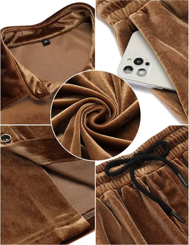 Miniatura 76 de LecGee Conjunto de pantalones cortos casuales de verano para hombre, camisa de terciopelo de manga corta con botones, pantalones cortos de cintura