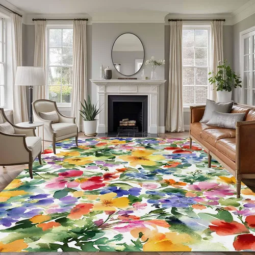 Miniatura 10 de Round Rugs 3 Feet, Green Yellow Floral Non Slip Area Rugs for Living Room, Bedroom, Barhroom, Entryway, Purple Blue Watercolor Retro Leaf Soft